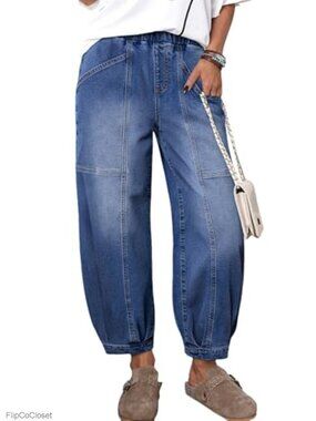 High Waisted Barrel Wide Leg Jeans Stretch Cotton Blend Women